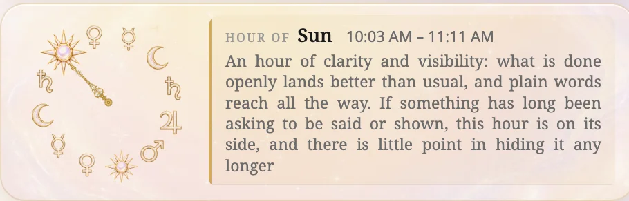 The planetary-hour block in the Tariela popup: the dial and the note for the hour of the Sun