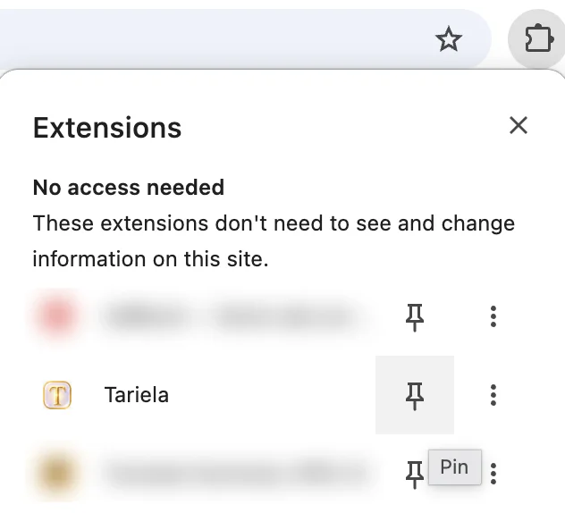 Chrome Extensions menu with the pin button next to Tariela