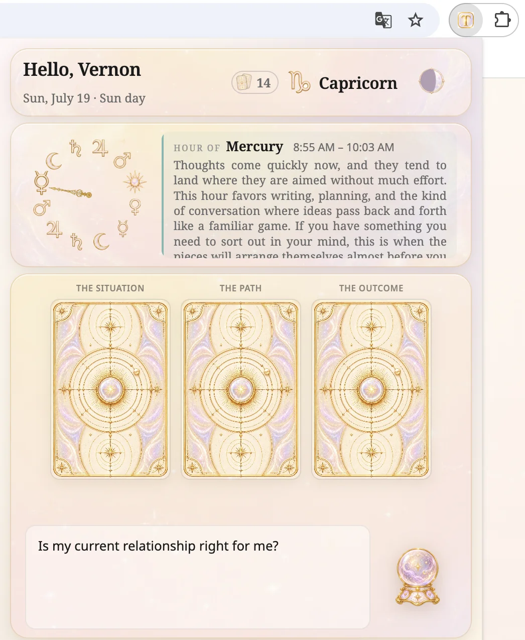 The Tariela popup opened from its pinned toolbar icon: greeting, readings counter, planetary-hour dial, hour of Mercury note, three face-down Tarot cards and a typed question