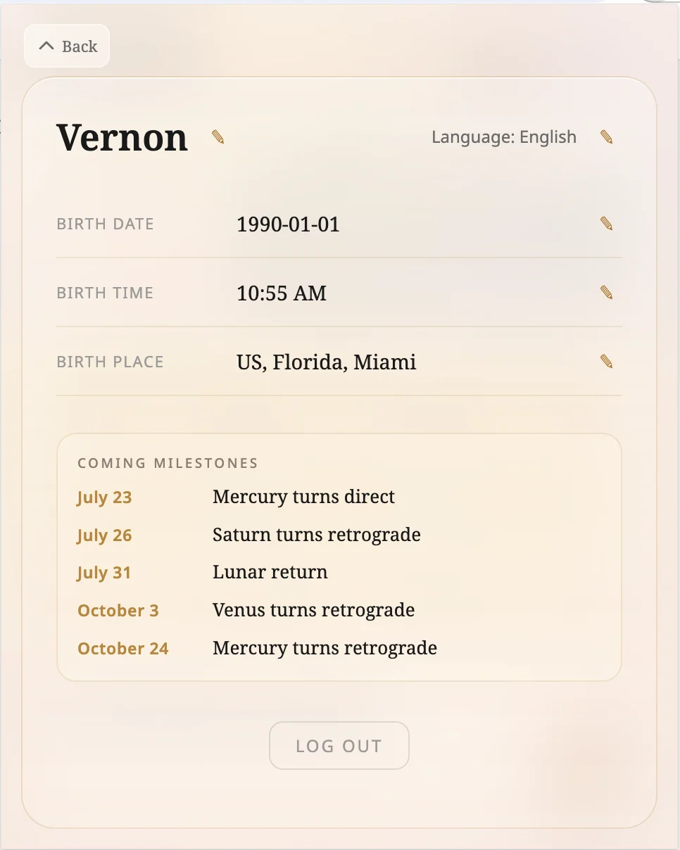 Tariela settings: name, birth data, language, and the coming milestones calendar