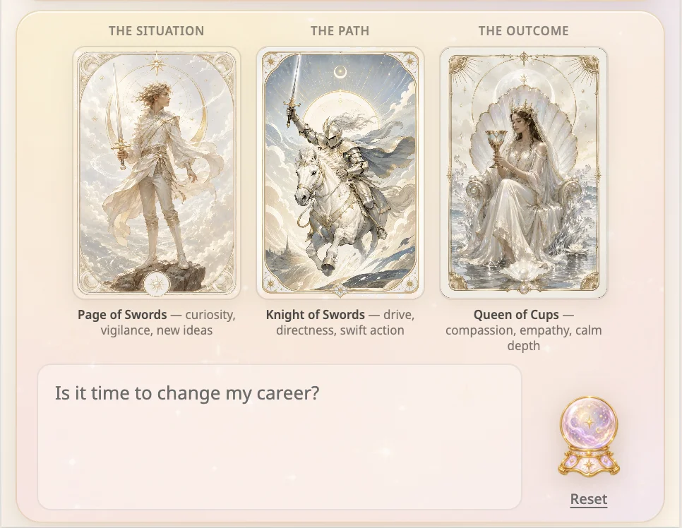 The question spread in the Tariela popup: Page of Swords, Knight of Swords and Queen of Cups revealed over the question about changing career
